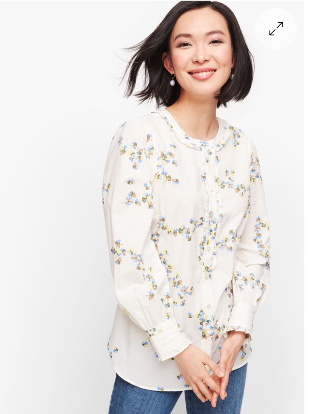New! Talbots Pleated Trim Floral Shirt Ruffle Button Down Blouse Cotton Size XS
